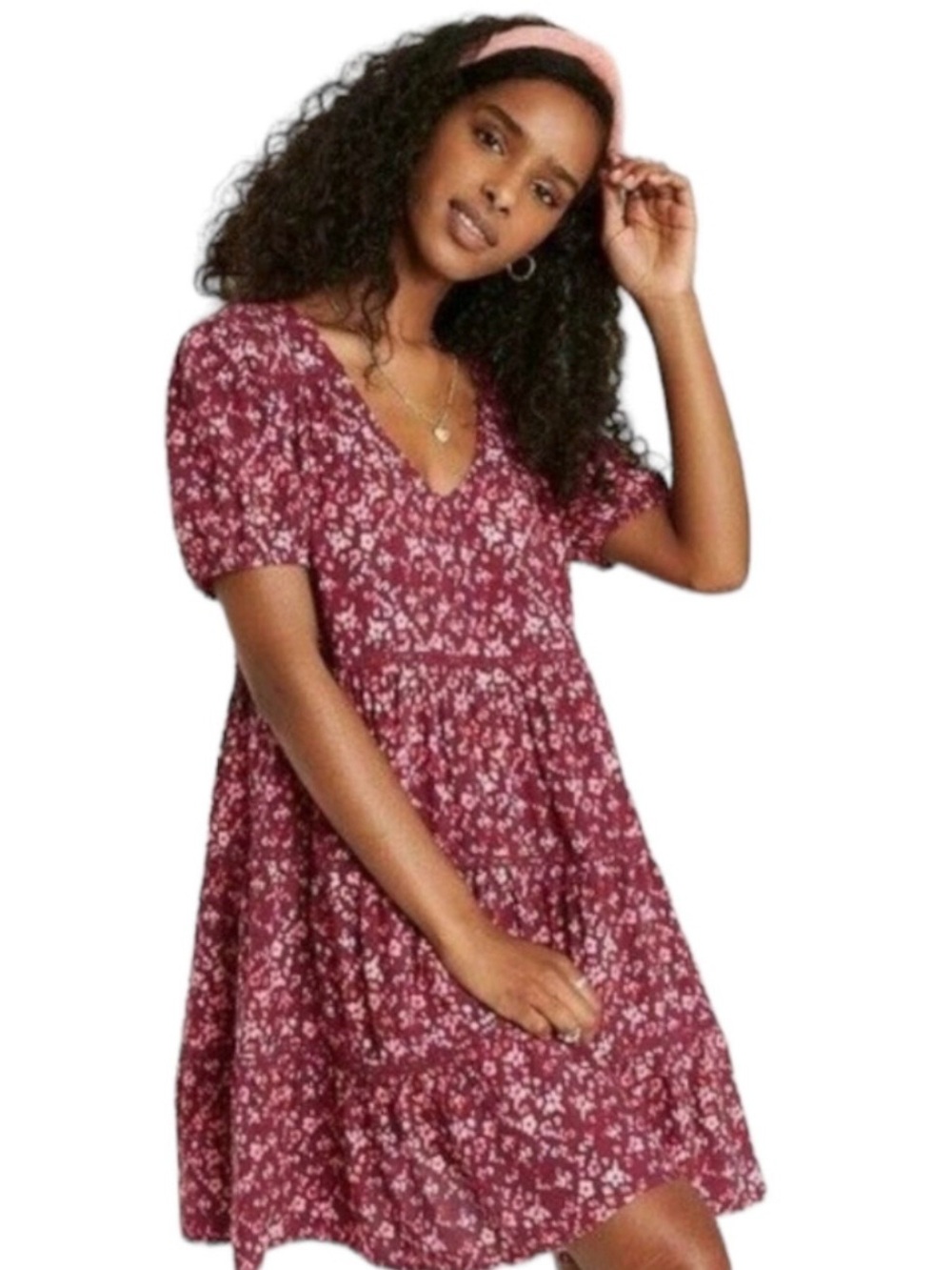 wild fable Wine Floral V-Neck Tiered Mini Dress